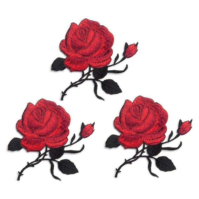ZOOPOLR 3 Pack Colorful Rose Iron On Patches for Backpacks, Hats, DIY Sew on Applique Patch, Vintage Embroidered Patches for Repair Clothes, Jackets, Jeans (Red) - Image 1